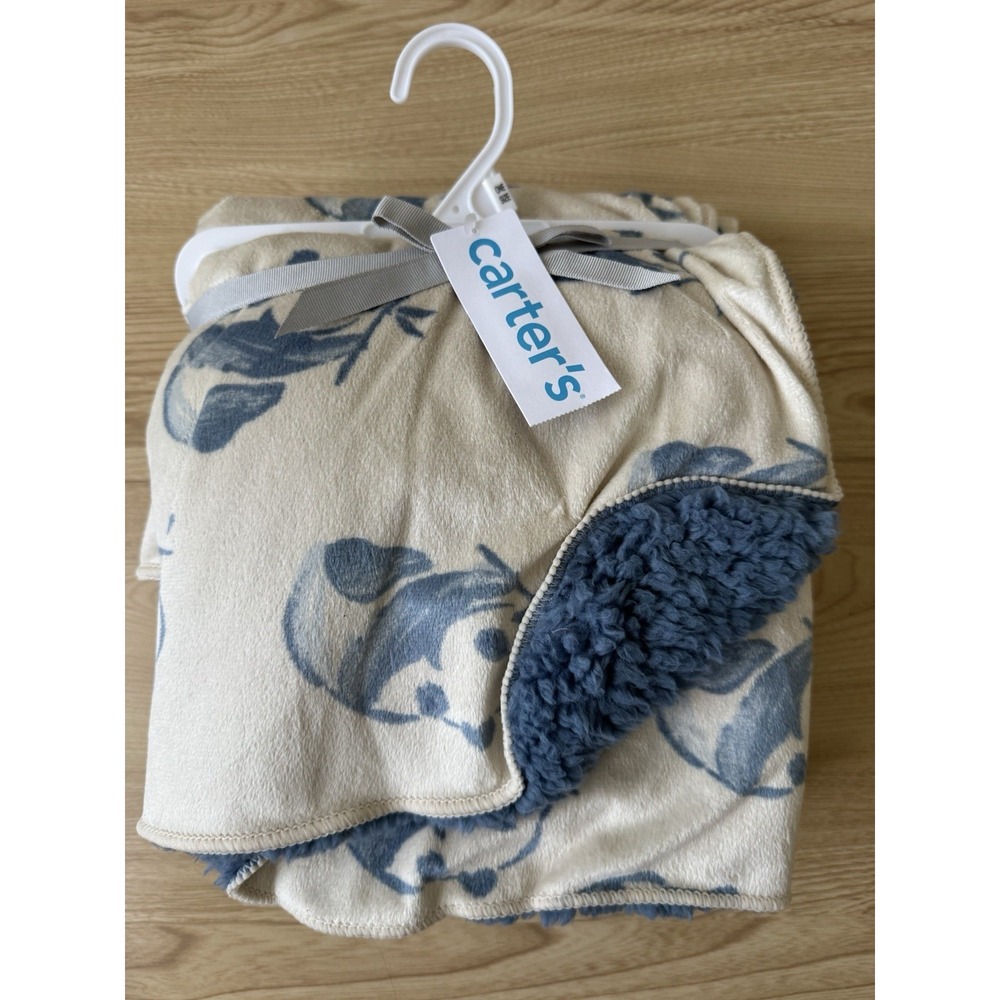 Carter's Panda Bear Baby Blanket Blue Sherpa Plush NWT Nursery Gift